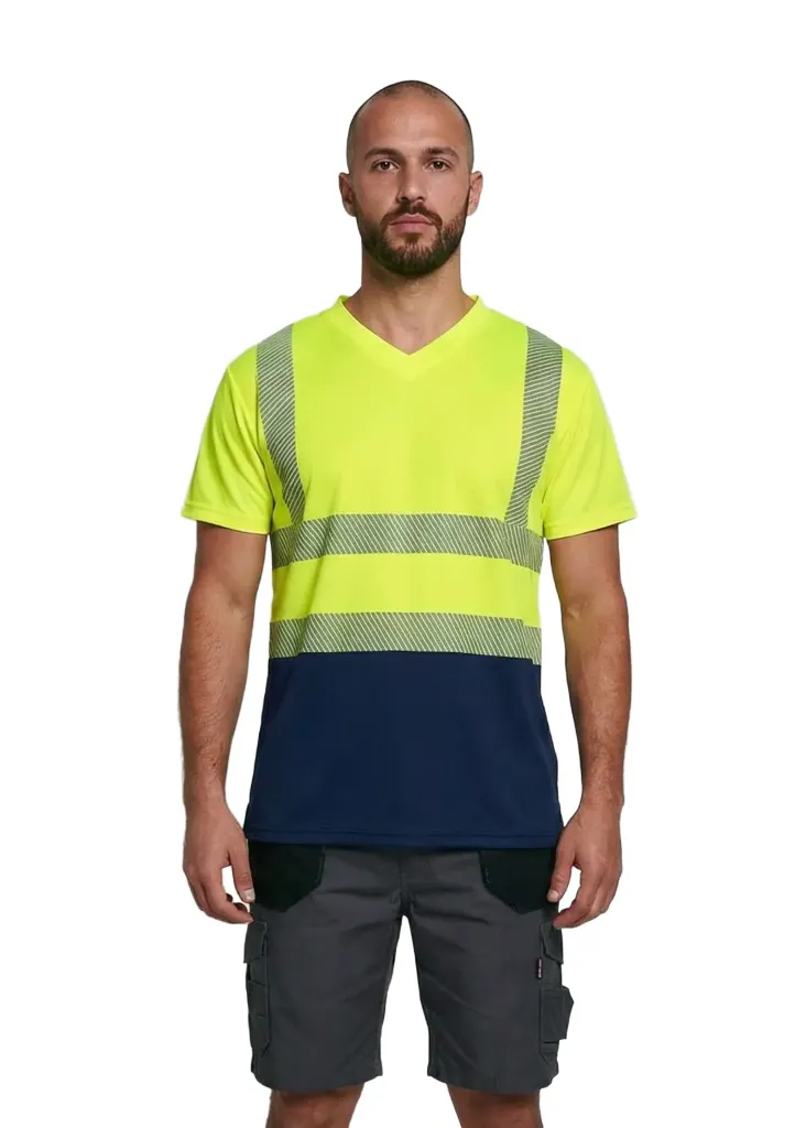 [HV008YENAS] HV008 Hi-Vis Flex V-Neck Two Tone Short Sleeve T-shirt (Yellow/Navy, Small)