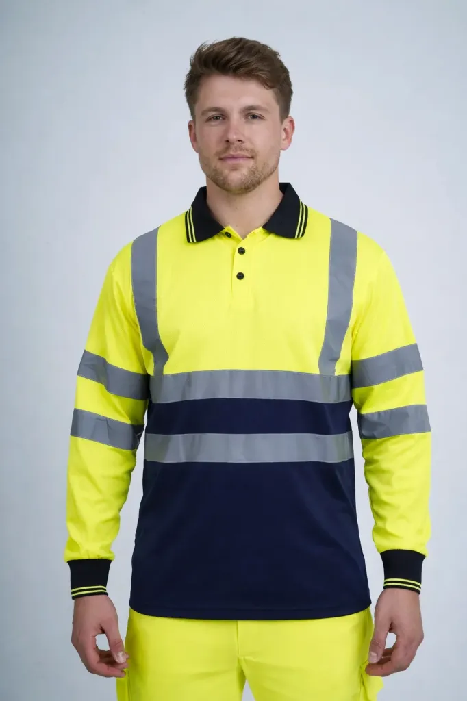 [HV319YENAS] HV319 Hi Vis Two Tone Long Sleeve Polo Shirt (Yellow/Navy, Small)