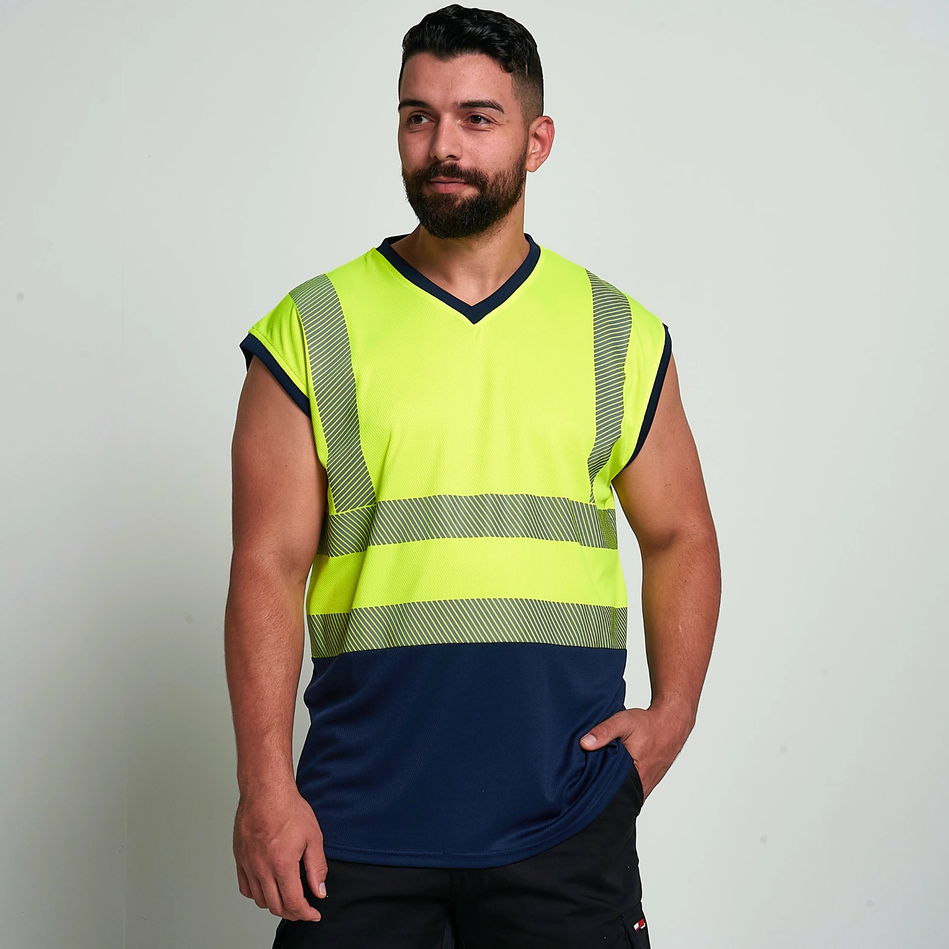 [HV012YENAS] HV012 Hi-Vis Flex V-Neck Sleeveless Two Tone T-shirt (Yellow/Navy, Small)